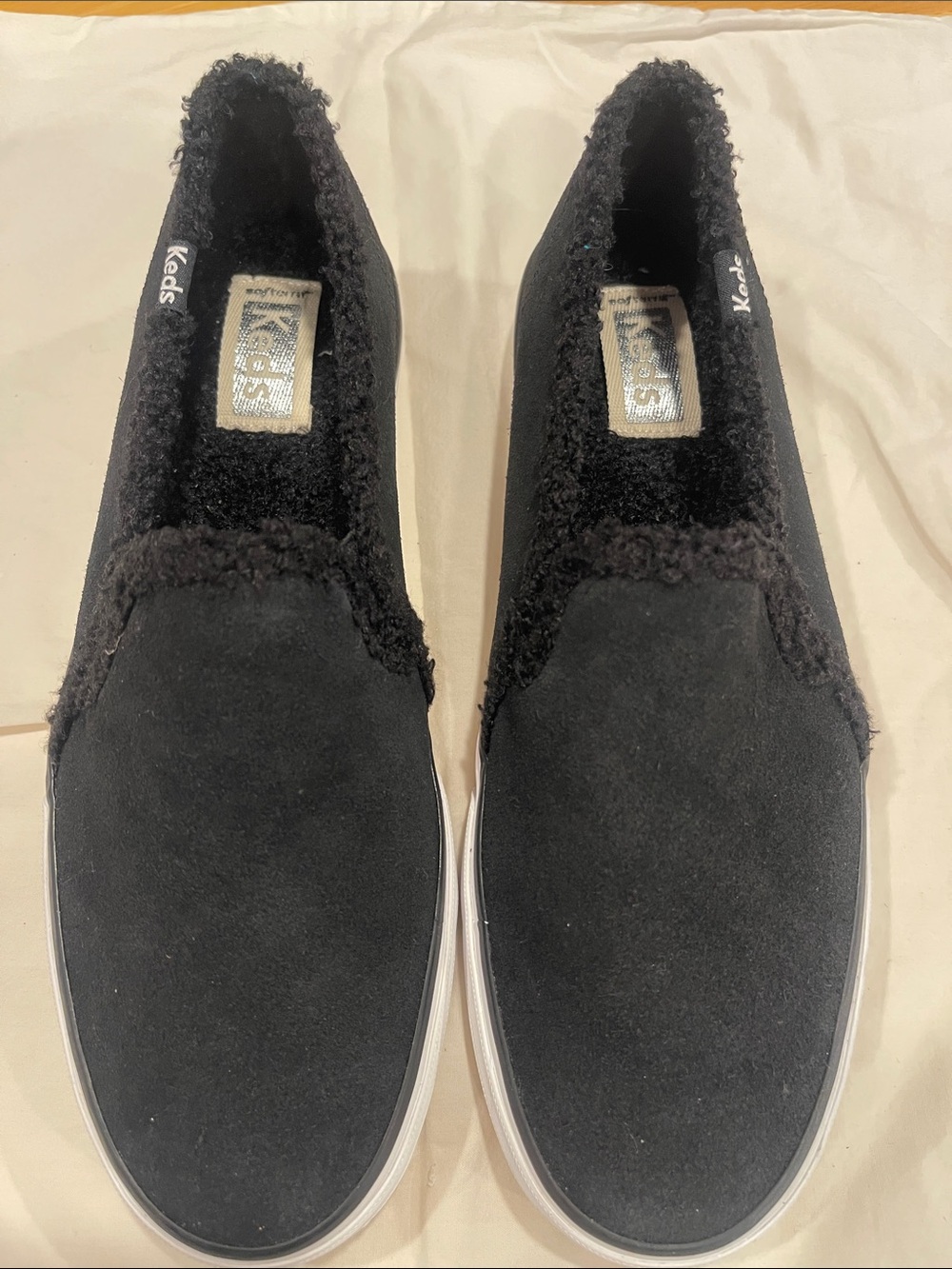 New Women’s 8 Keds Black Suede Slip-On Loafers with Shearling Trim